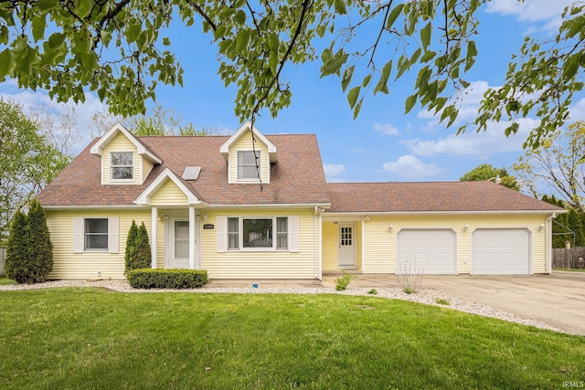cape cod-style house featuring a garage, a front lawn, concrete driveway, and roof with shingles