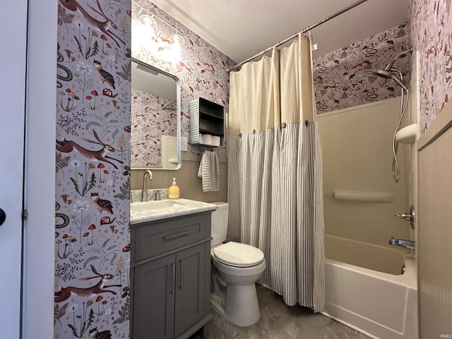100 Lincoln St, Plainfield, IN 46168 - bathroom featuring wallpapered walls, toilet, vanity, and shower / bath combination with curtain