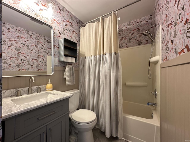 100 Lincoln St, Plainfield, IN 46168 - bathroom featuring wallpapered walls, toilet, shower / tub combo, wainscoting, and vanity