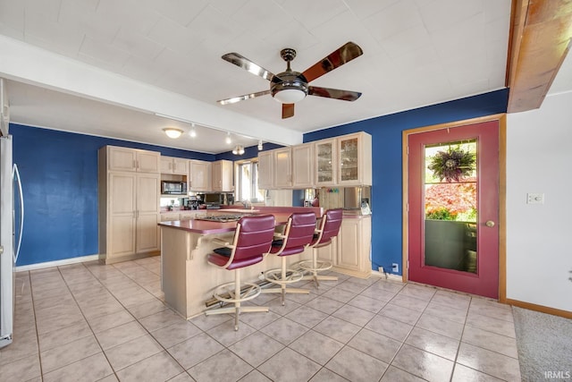 kitchen with built in microwave, a ceiling fan, plenty of natural light, and baseboards