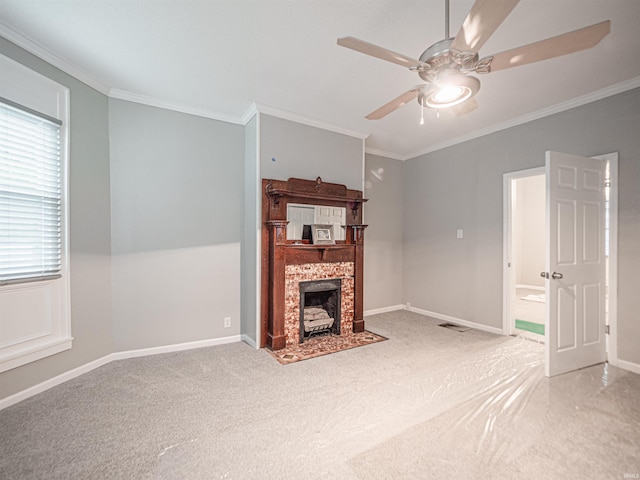 630 E Water St, Mount Vernon, IN 47620 - unfurnished living room with ornamental molding, ceiling fan, carpet flooring, baseboards, and a fireplace with flush hearth