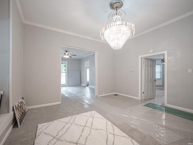 630 E Water St, Mount Vernon, IN 47620 - unfurnished dining area with crown molding, carpet floors, baseboards, a ceiling fan, and a chandelier