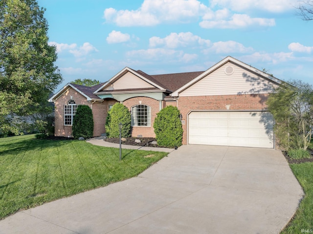 ranch-style home featuring brick siding, driveway, an attached garage, and a front lawn