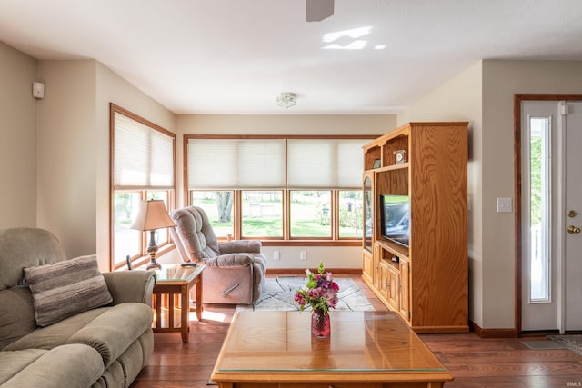 living room featuring wood finished floors, baseboards, and a ceiling fan
