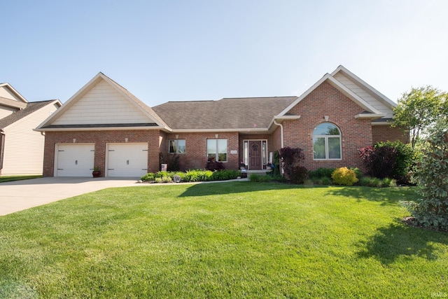 view of front of property featuring an attached garage, brick siding, a front lawn, and concrete driveway