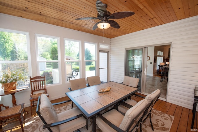 sunroom / solarium with wooden ceiling, wood-type flooring, plenty of natural light, and wood walls