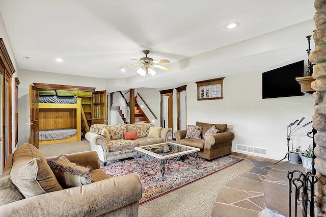 5571 Poff Rd, Martinsville, IN 46151 - living area featuring stairs, ceiling fan, and recessed lighting
