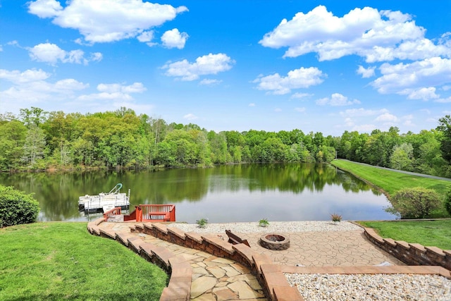 5571 Poff Rd, Martinsville, IN 46151 - dock featuring a fire pit, a water view, a wooded view, and a yard