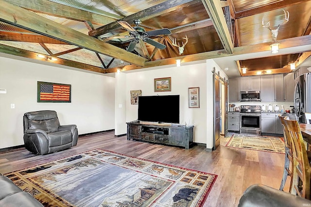 5571 Poff Rd, Martinsville, IN 46151 - living area with a ceiling fan, baseboards, wood finished floors, a barn door, and wood ceiling