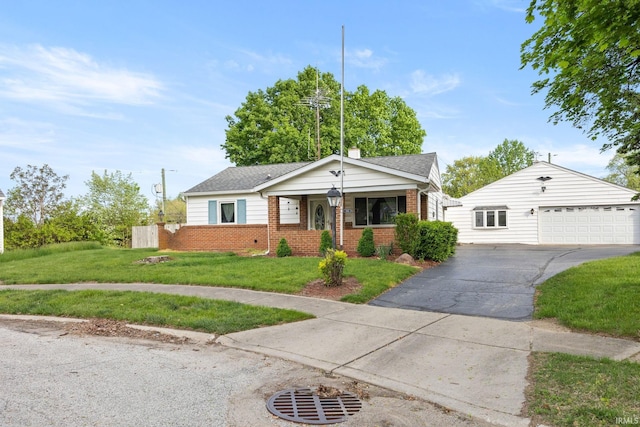 view of front of home with brick siding, a front yard, a garage, and roof with shingles