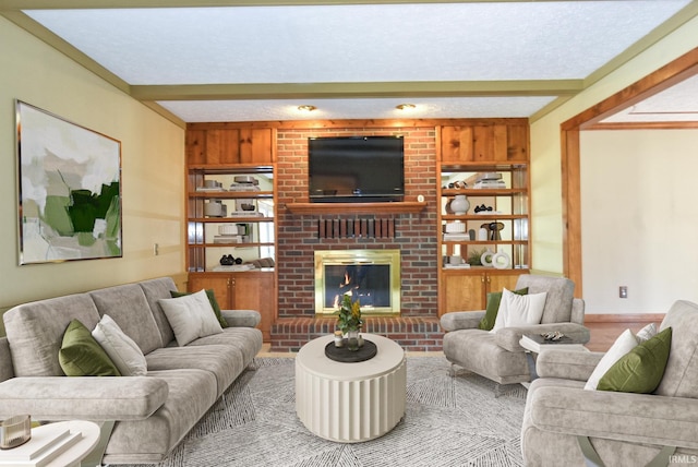 3010 Cypress Ct, Evansville, IN 47711 - living room with beam ceiling, built in features, a fireplace, and a textured ceiling
