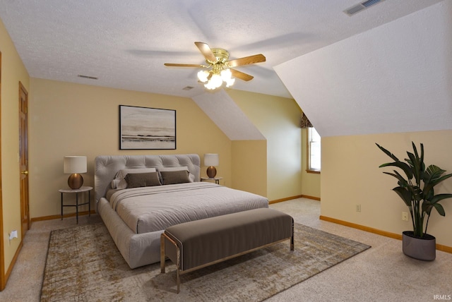 3010 Cypress Ct, Evansville, IN 47711 - bedroom with light colored carpet, baseboards, a textured ceiling, ceiling fan, and lofted ceiling