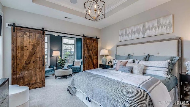 571 Tamarind Dr, West Lafayette, IN 47906 - bedroom with a barn door, carpet, a chandelier, and a raised ceiling