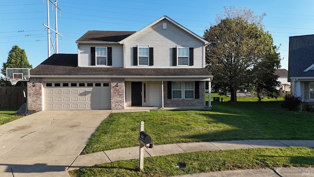 traditional-style home with concrete driveway, brick siding, covered porch, and a garage