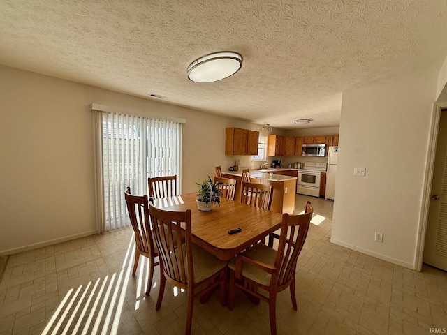dining room with baseboards, a textured ceiling, and brick patterned flooring