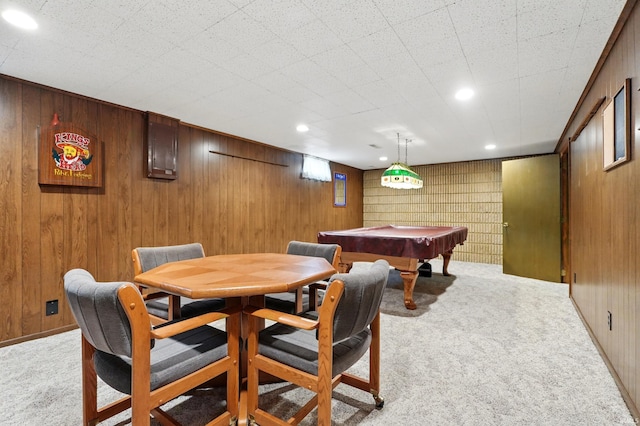 playroom with light colored carpet, wood walls, billiards, and recessed lighting