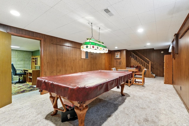 game room with carpet, wood walls, recessed lighting, and billiards table