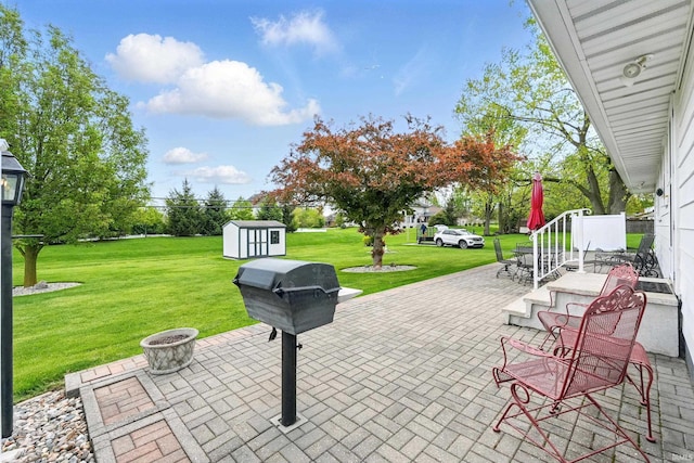 view of patio with a storage unit and an outdoor structure