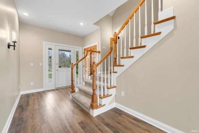 5006 Vandolah Rd, Leo, IN 46765 - entrance foyer featuring dark wood finished floors, baseboards, stairway, and recessed lighting
