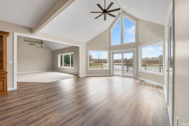 5006 Vandolah Rd, Leo, IN 46765 - unfurnished living room with a water view, ceiling fan, baseboards, a chandelier, and beamed ceiling