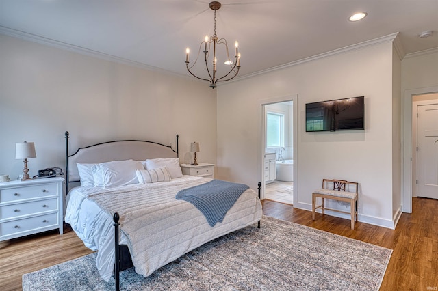 6055 Logel Rd, Newburgh, IN 47630 - bedroom with ornamental molding, a chandelier, wood finished floors, baseboards, and recessed lighting