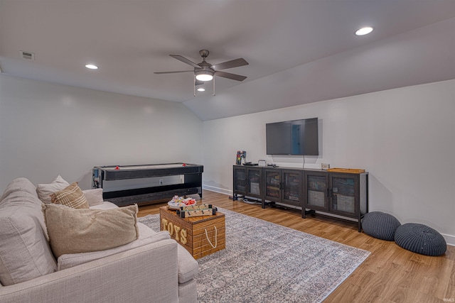 6055 Logel Rd, Newburgh, IN 47630 - living room with a ceiling fan, wood finished floors, recessed lighting, lofted ceiling, and baseboards