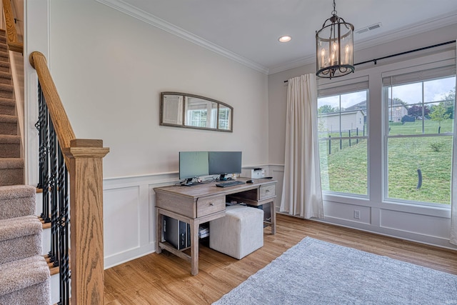 6055 Logel Rd, Newburgh, IN 47630 - office area with ornamental molding, a chandelier, a decorative wall, light wood finished floors, and recessed lighting