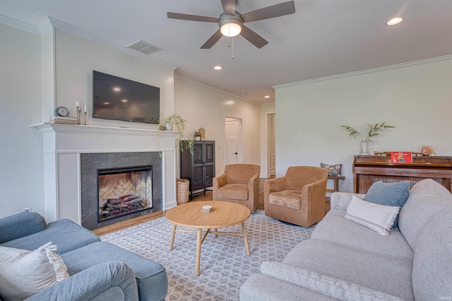 6055 Logel Rd, Newburgh, IN 47630 - living area featuring ornamental molding, recessed lighting, ceiling fan, a high end fireplace, and wood finished floors