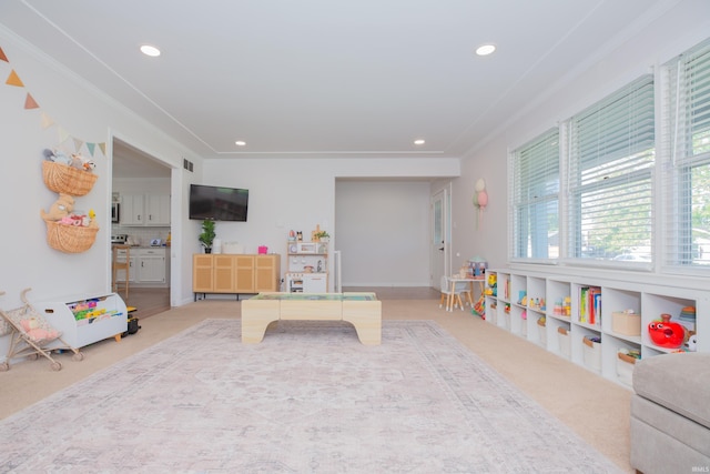 4100 Triple Crown Dr, Newburgh, IN 47630 - playroom with carpet floors, crown molding, and recessed lighting