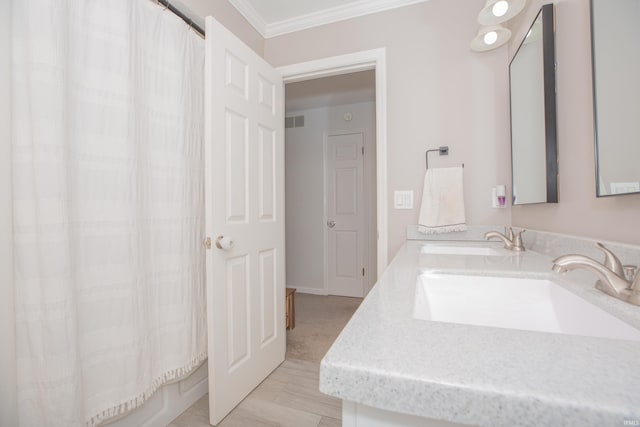 4100 Triple Crown Dr, Newburgh, IN 47630 - bathroom with crown molding, a shower with shower curtain, and vanity