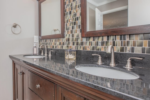 4100 Triple Crown Dr, Newburgh, IN 47630 - full bath featuring crown molding, double vanity, and decorative backsplash