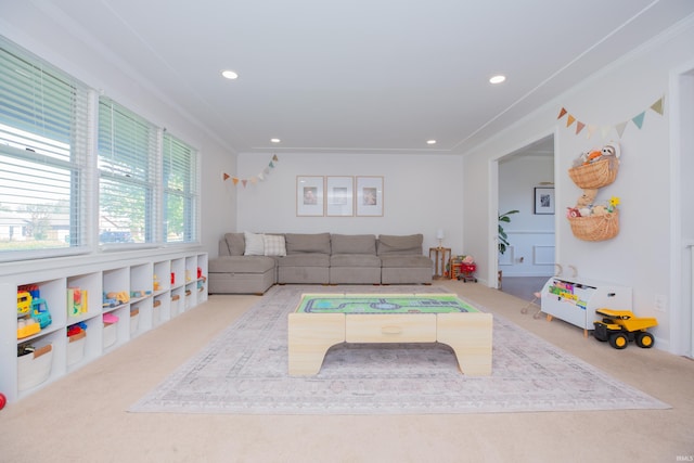 4100 Triple Crown Dr, Newburgh, IN 47630 - living room with carpet floors, ornamental molding, and recessed lighting