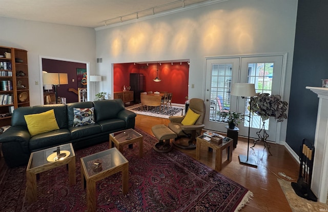 living area with track lighting, high vaulted ceiling, and wood finished floors