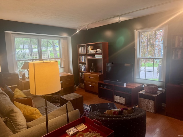 living room featuring track lighting and wood finished floors