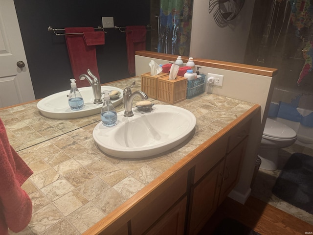 bathroom with vanity, toilet, and a shower with curtain