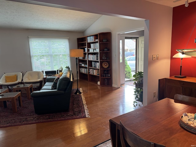 living room with wood finished floors, healthy amount of natural light, and lofted ceiling