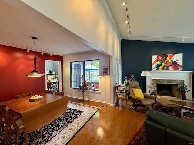 living area featuring rail lighting, hardwood / wood-style floors, a stone fireplace, and baseboards
