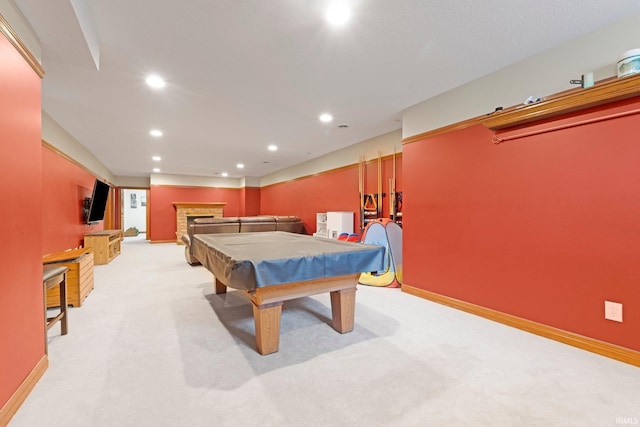recreation room with carpet flooring, recessed lighting, billiards table, a fireplace, and baseboards