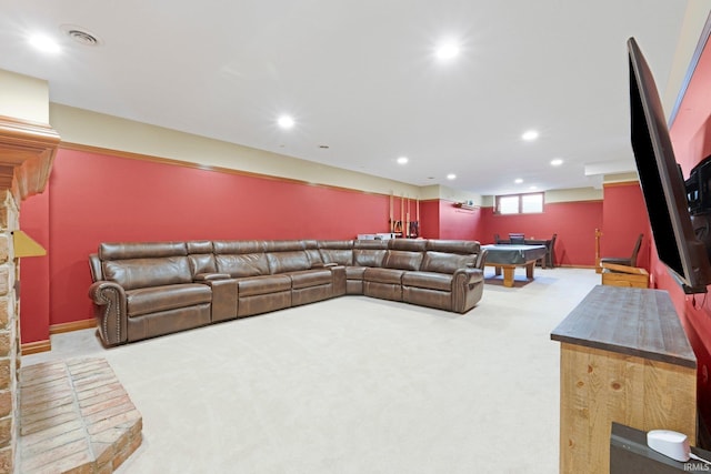living room with carpet flooring, recessed lighting, pool table, and baseboards