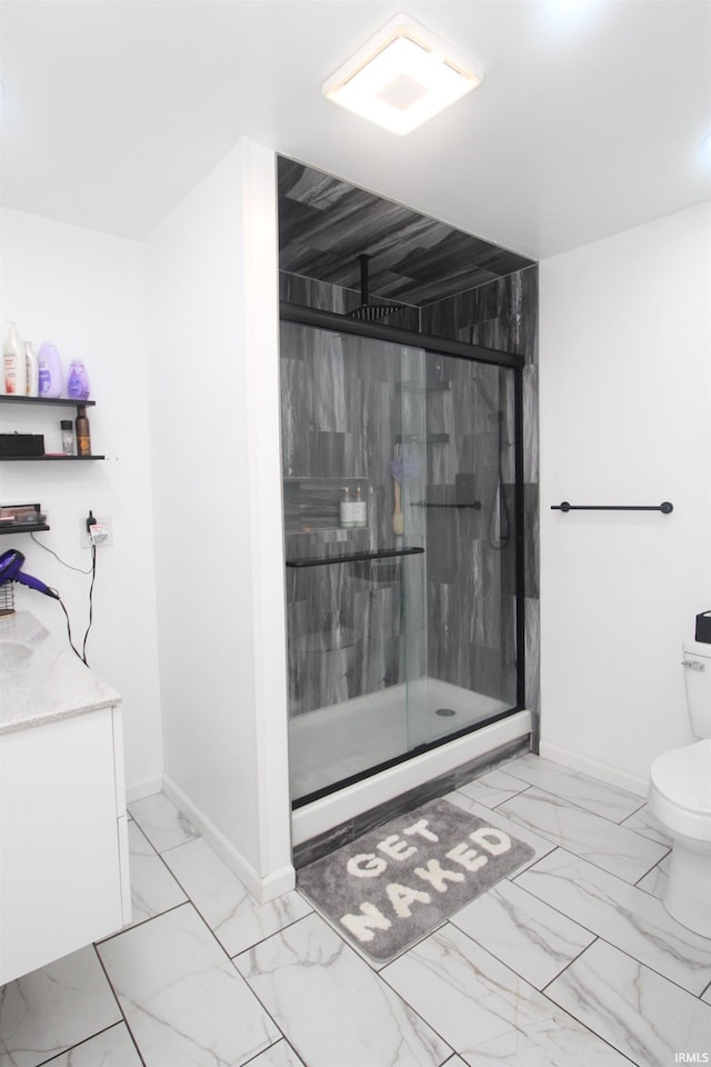 1804 W 11th St, Marion, IN 46953 - full bathroom featuring marble look tiles, a stall shower, toilet, and baseboards