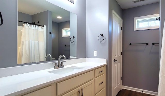 bathroom with vanity, baseboards, and wood finished floors
