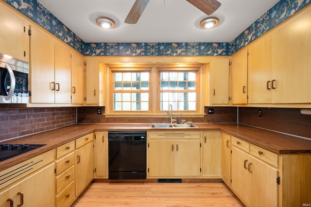 kitchen with black appliances, a sink, wallpapered walls, ceiling fan, and light wood-style flooring