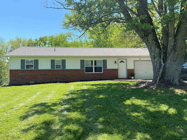 2800 E Bernice Dr, Bloomington, IN 47401 - ranch-style home featuring a garage, brick siding, a front yard, and crawl space