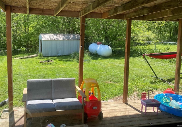 2800 E Bernice Dr, Bloomington, IN 47401 - view of patio / terrace featuring a storage shed, a wooden deck, and an outbuilding