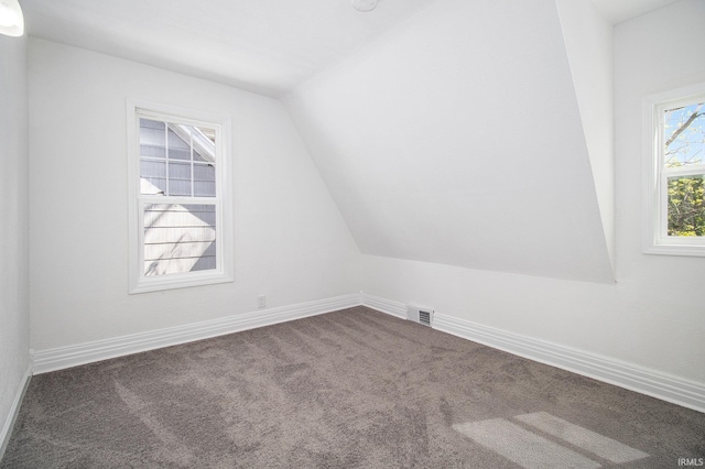 additional living space with carpet floors, lofted ceiling, and baseboards