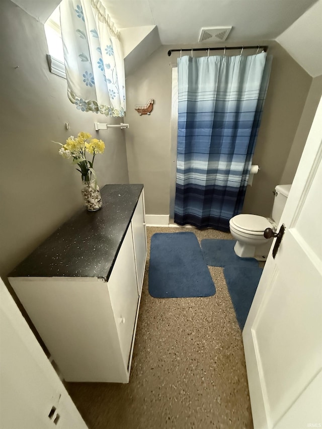 255 W Main St, Peru, IN 46970 - bathroom featuring toilet, vaulted ceiling, curtained shower, and baseboards