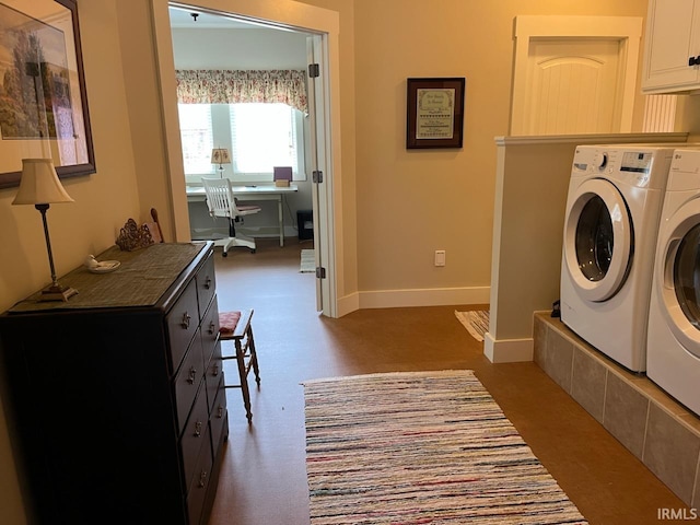 6425 E Wellston Dr, Bloomington, IN 47408 - laundry area featuring cabinet space, separate washer and dryer, an office area, and baseboards