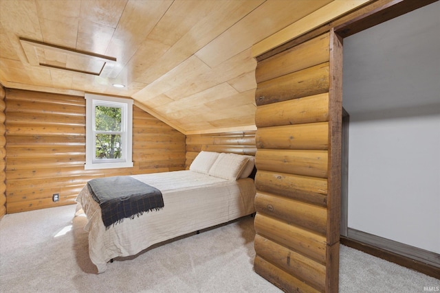 carpeted bedroom with rustic walls and wood ceiling