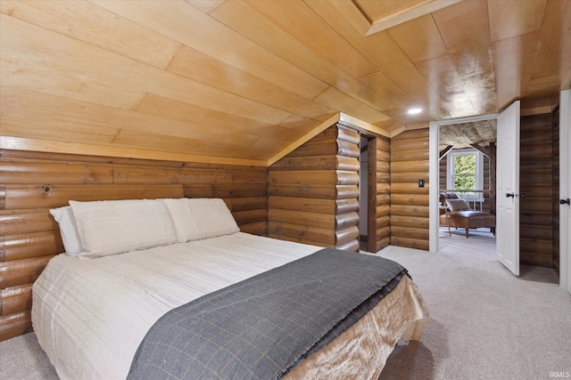 carpeted bedroom with wooden ceiling, log walls, and vaulted ceiling