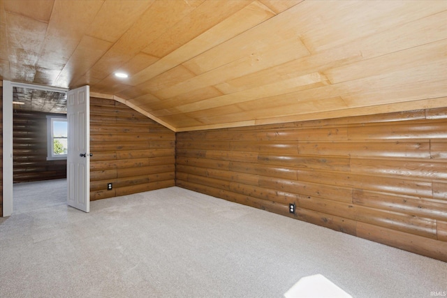 bonus room featuring wood ceiling, carpet floors, log walls, and vaulted ceiling